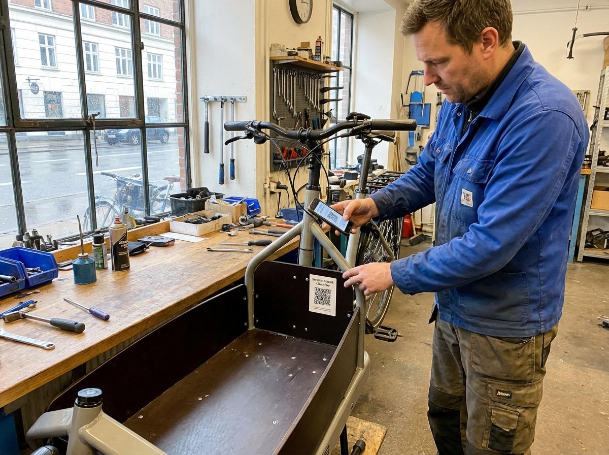 Foto fra værksted hvor medarbejder scanner QR-kode på udstyr