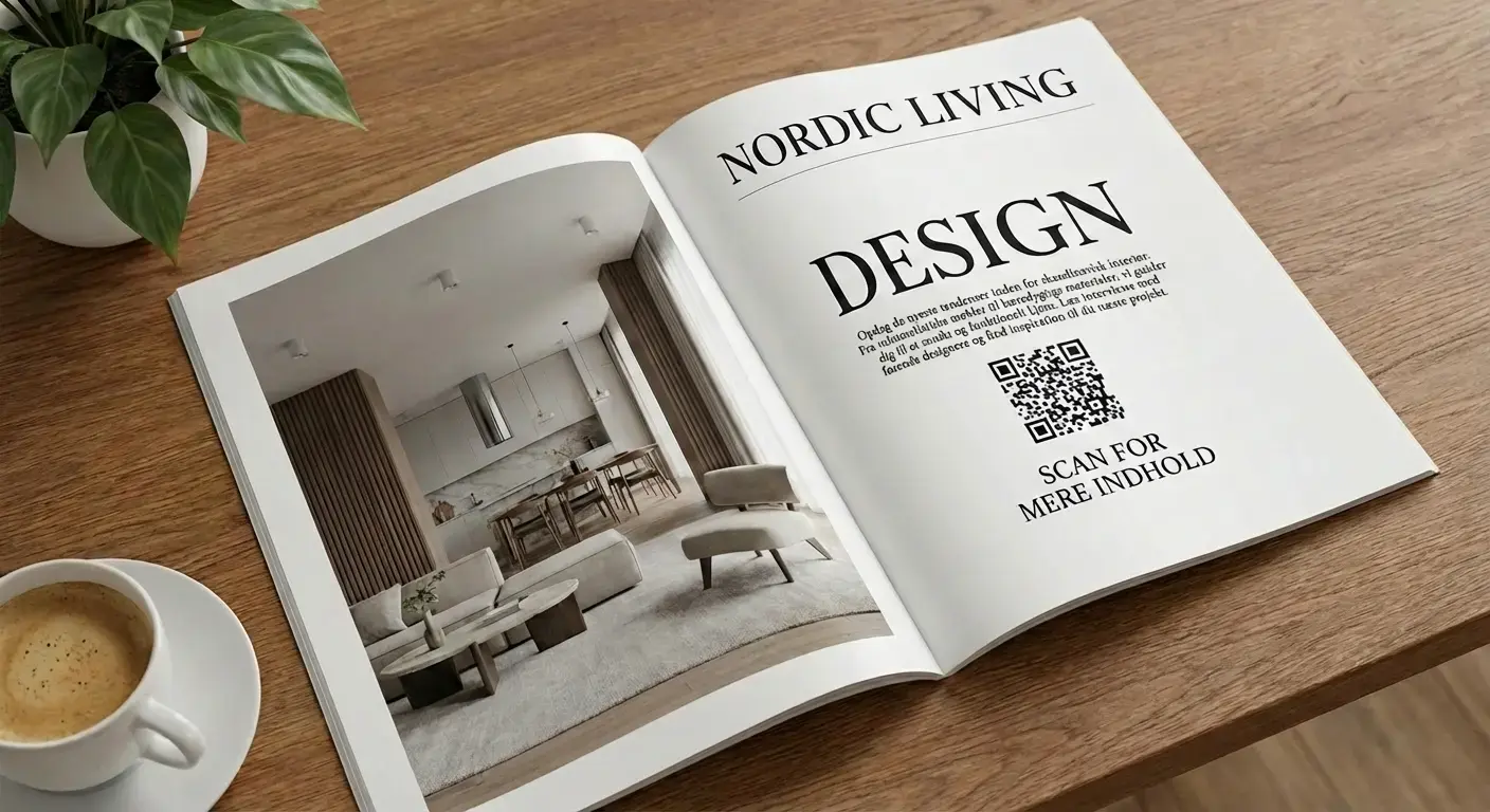 Opslået magasin på et træbord med overskriften “NORDIC LIVING” og “DESIGN”. Venstre side viser et foto af et lyst, nordisk indrettet køkken og stue. Højre side har en QR-kode