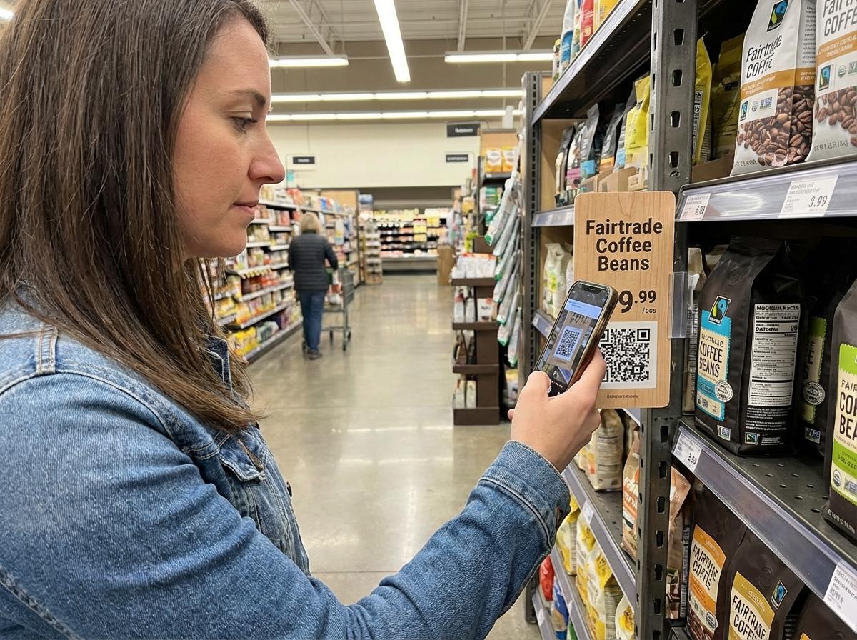 Foto af kunde, der scanner QR-kode ved butikshylde