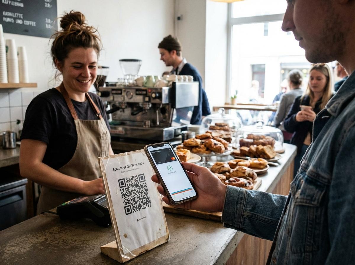 QR-kode i visuelt cafémiljø med fokus på design og branding.