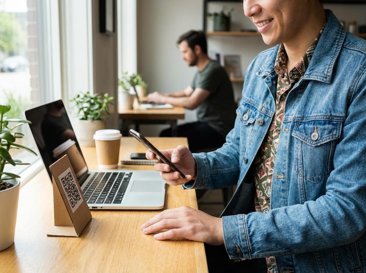 Gæst scanner QR-kode i café for hurtig mobilbetaling.