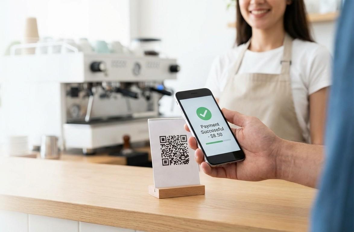 Kunde scanner QR-kode ved betaling i cafémiljø.