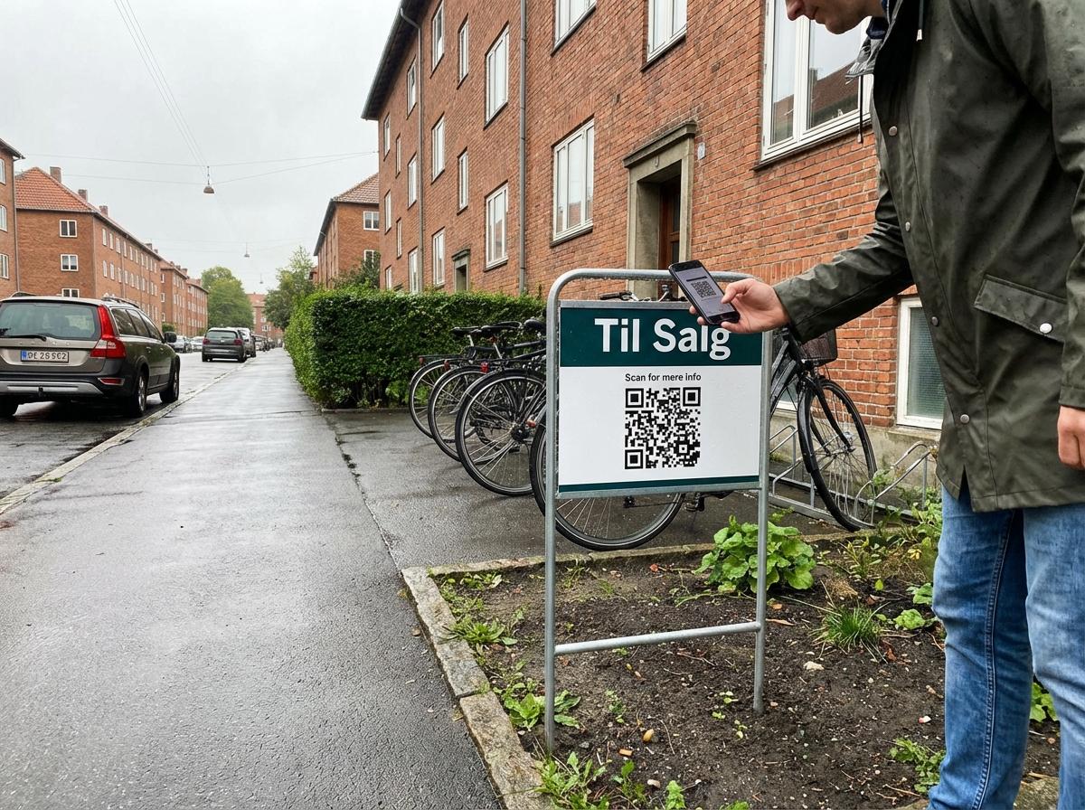 QR-kode på fast salgsskilt med stabil destination.